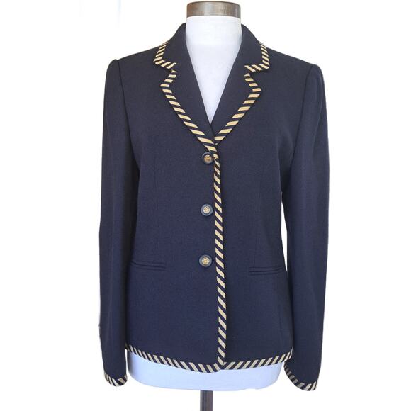 LOUIS FERAUD Navy Blue Wool 3-Button Jacket Blazer Size10 US Tan Stripe Trim - Picture 1 of 10